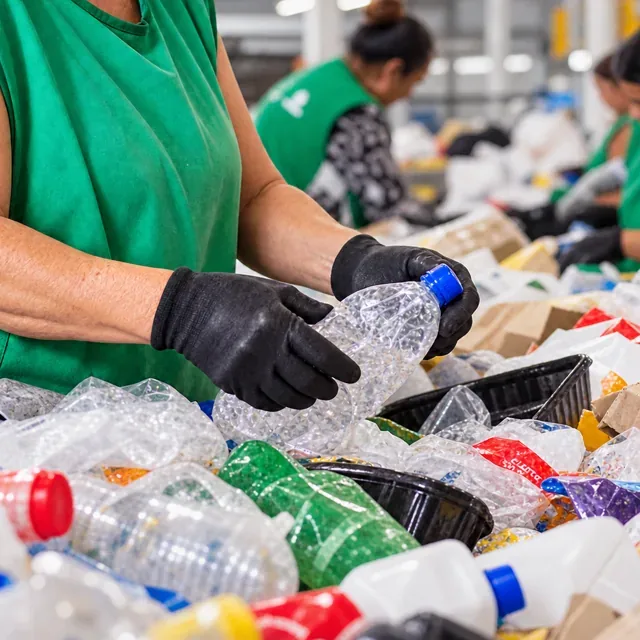 Trabalhadoras separando garrafas e embalagens plásticas para reciclagem